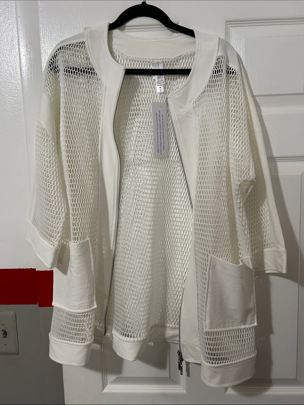 Lightweight Cream Mesh Zip Cardigan with Patch Pockets